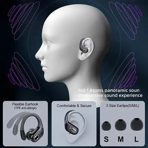 Бездротові спортивні навушники HD65 із зарядним кейсом і мікрофоном Bluetooth-навушники для спорту Чорні - фото 7