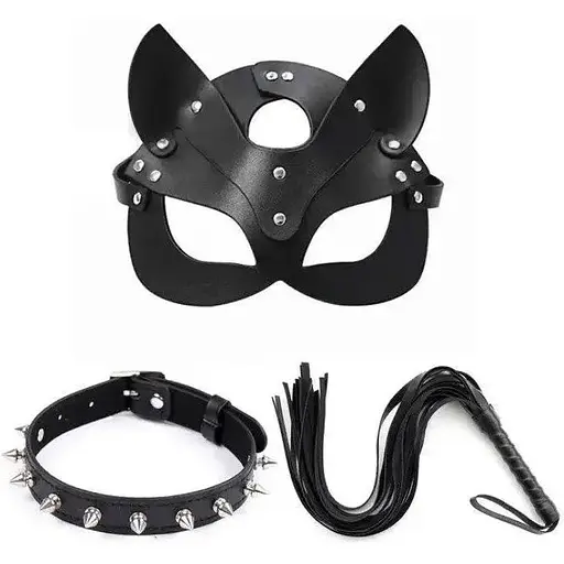 BDSM маска кошки + чокер с шипами + плеть - фото 1