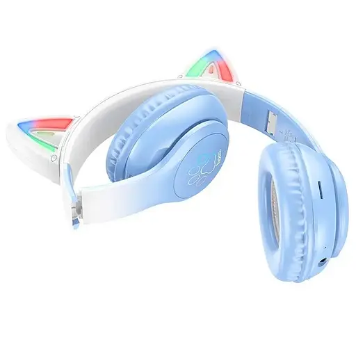 Навушники Hoco Cat ears BT headphones W42 BT5.3, AUX/TF, 10h crystal бездротові блакитні - фото 2