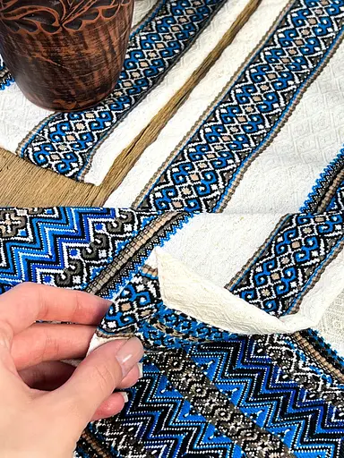 Комплект Ранер 140х30 см + серветки 30х40 см 3 шт різдвяний лляний з українським орнаментом Рандеву синій - фото 9