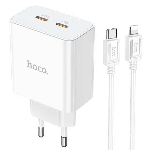 Адаптер сетевой HOCO Type-C to Lightning Cable Leader dual port(2C) charger C108A 2Type-C 35W белые - фото 1