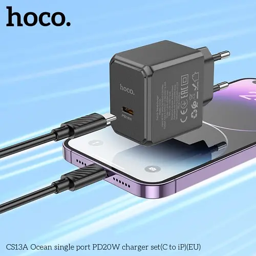 Мережевий зарядний пристрій Hoco CS13A Ocean single port PD20W charger set(C to iP) чорний - фото 3