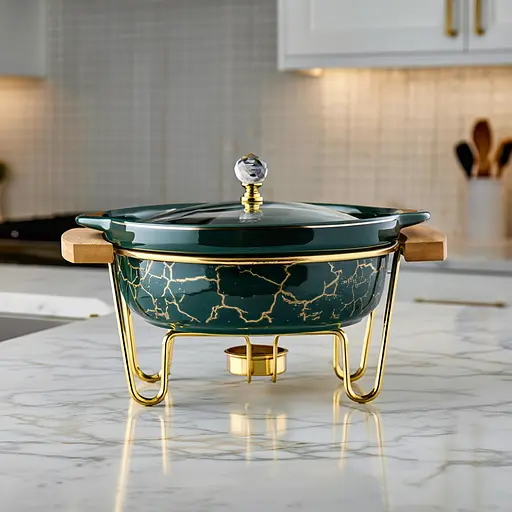 Мармит фарфоровый настольный круглый 800 (мл) мармитница с подогревом Зеленый мрамор Yiwu LC-713 - фото 3