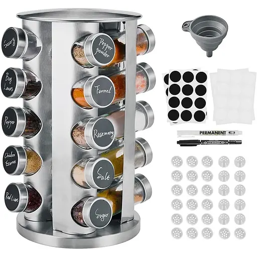 Обертовий органайзер для спецій Miorkly з 20 банками для спецій, товсті та міцні стійки для спецій, вільно стоїть карусельна банка