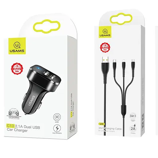 Автозарядний Usams С13 + USB кабель 3-in-1 U35 потрійний - фото 2