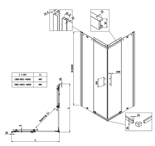 Душова кабіна без піддону Koer SR SC03-90x90x200-TR-12 прозоре скло Easy Clean 6 мм, матове з KR5358, Універсальна, прозорий, золотий - фото 2