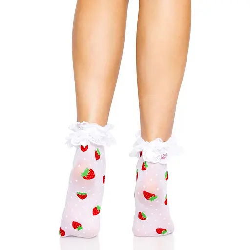 Шкарпетки жіночі з полуничним принтом Leg Avenue Strawberry ruffle top anklets One Size, мереживні м - фото 3