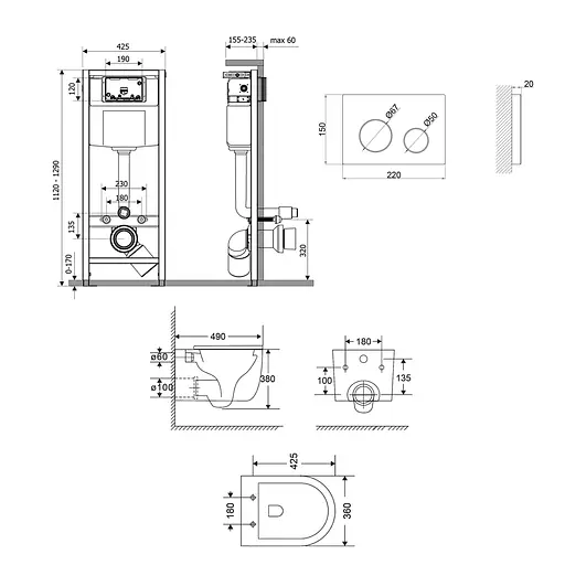 Подвесной унитаз Qtap Taurus Ultra Quiet + инсталляция Qtap Nest 4 в 1 (круглая клавиша White), Черный - фото 2