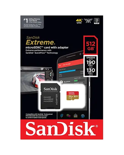 Карта памяти microSDXC (UHS-1 U3) SanDisk Extreme A2 512Gb class 10 V30 (R190MB/s, W130MB/s) (adapter SD) - фото 2