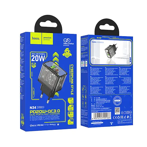 Мережевий зарядний пристрій Hoco N34 Dazzling dual-port PD20W+QC3.0 charger (EU) Transparent Чорний - фото 2