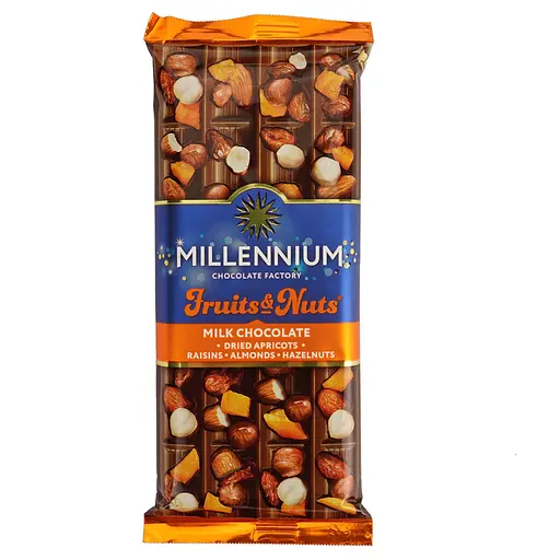 Уценка. Шоколад Millennium Fruits & Nuts молочный с миндалем, целыми лесными орехами, курагой и изюмом 90 г (856194)