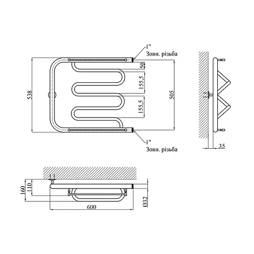 Рушникосушарка водяна Kroner Фокстрот ФС03 530x600 CV028927, Хром, боковое - фото 2