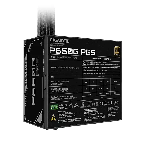 Блок питания 650 Вт, Gigabyte P650G PG5, Black, 80+ Gold, 120 мм HYB, 3xMolex/6xSATA/1x16-pin/2x6+2-pin/2x4+4-pin/1x20+4-pin, защита OVP/OPP/SCP/UVP/OCP/OTP, ATX v3.1 GP-P650G PG5 - фото 3