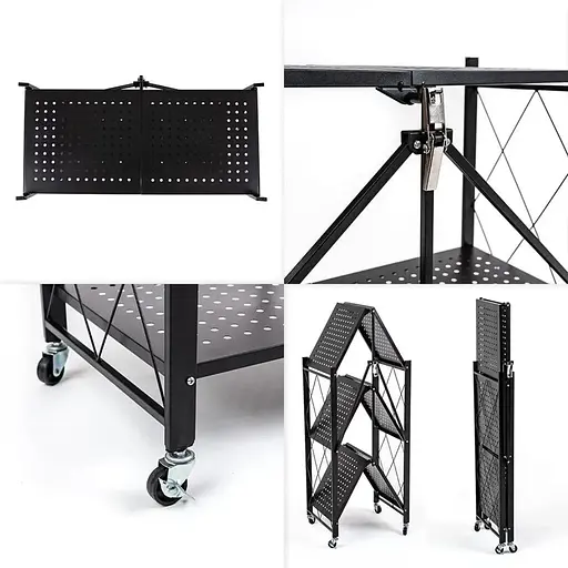 Стелаж Wall Sticker SW-00002097 мобільний триярусний універсальний розкладний з нержавіючої сталі 89х72х34 см чорний - фото 4