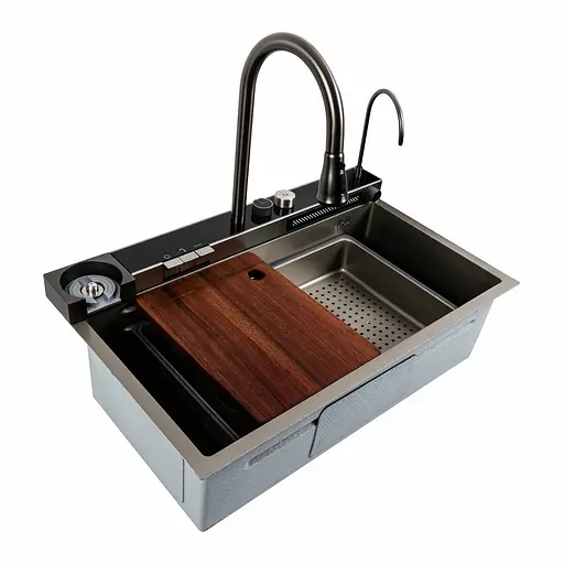 Кухонна мийка 75x45D PVD сіра Platinum Handmade Водоспад, Нержавіюча сталь - фото 1