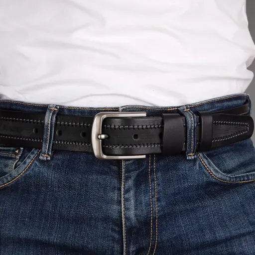 Ремень мужской кожаный SF-403 (125 см) со строчкой черный - фото 4