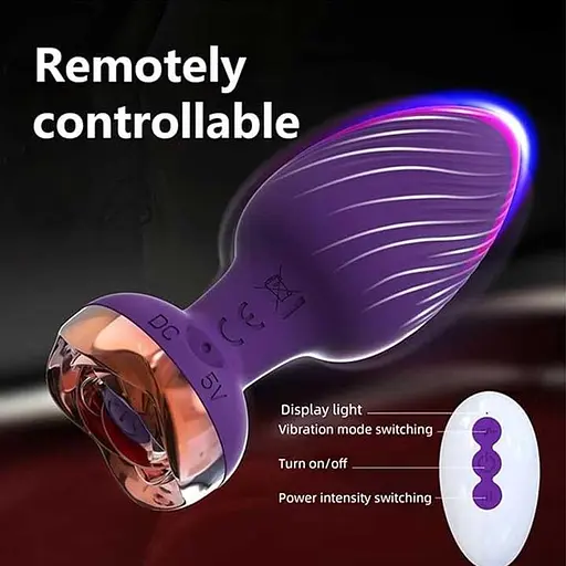 Анальная вибро-пробка Rose Butt на пульте с золотой розой 10 режимов 5 мм 90 мм фиолетовый - фото 5