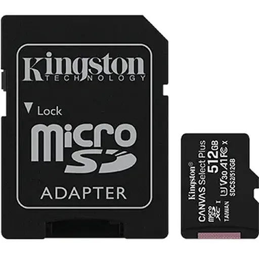 Карта пам'яті microSDXC, 512Gb, Class 10 UHS-I U3 V30 A1, Kingston Canvas Select Plus, адаптер SD, R100/W85 MB/s (SDCS2/512GB)