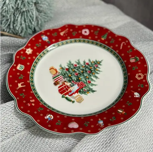 Тарелка десертная Christmas 21.5 см фарфоровый новогодний принт Бело красный - фото 2