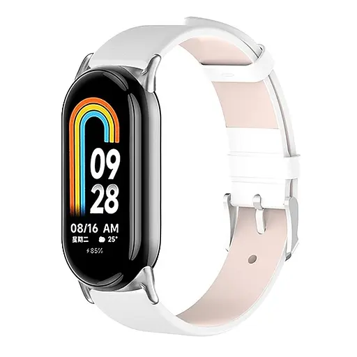Кожаный ремешок MiJobs для фитнес-браслета Xiaomi Mi Band 8 и 9 Type B белый, держатель - серебристый - фото 2