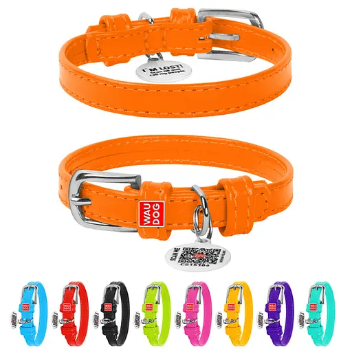 Ошейник для собак кожаный Waudog Glamour с QR-паспортом без украшений XS Ш 12 мм Д 21-29 см оранжевый - фото 2