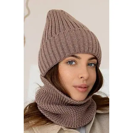 Женская вязаная шапка и снуд набор 3 шерсть 20% с отворотом светло Коричневый - фото 1
