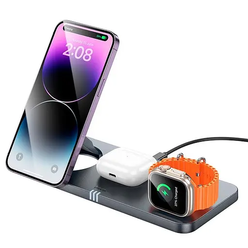 Зарядний пристрій бездротовий — підставка Hoco CQ22 3-в-1 для телефона годинника навушників — - фото 2