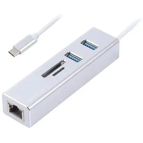 Хаб Usb Maxxter NECH-2P-SD-01, серебристый, Type-C 3.1 - 2xUsb 3.0 / GLan / microSD / SD, кабель 17 см, алюминиевый корпус - фото 1