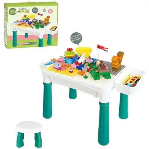 Детский игровой многофункциональный столик MHZ 6787-119 с конструктором и стульчиком, 2 корзины, 124 детали, белый с бирюзовым - фото 1