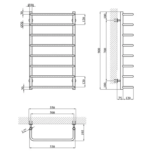 Полотенцесушитель водяной Kroner KRP Stil WT900x500-8 (CV036316) - фото 5