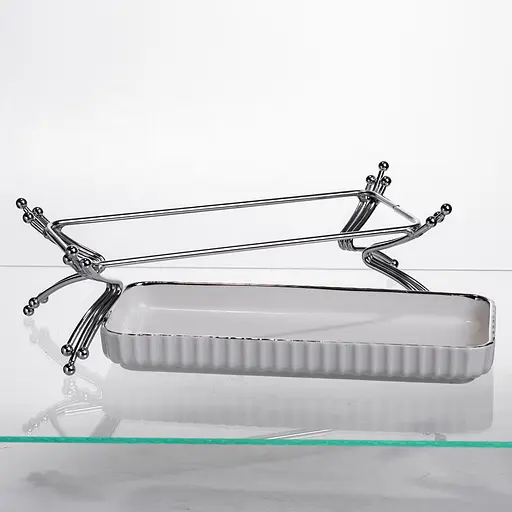 Фарфоровое сервировочное блюдо на металлической подставке 37×18×5 (см) блюдо для подачи закусок Белый с серебром Yiwu LB-1566S - фото 5