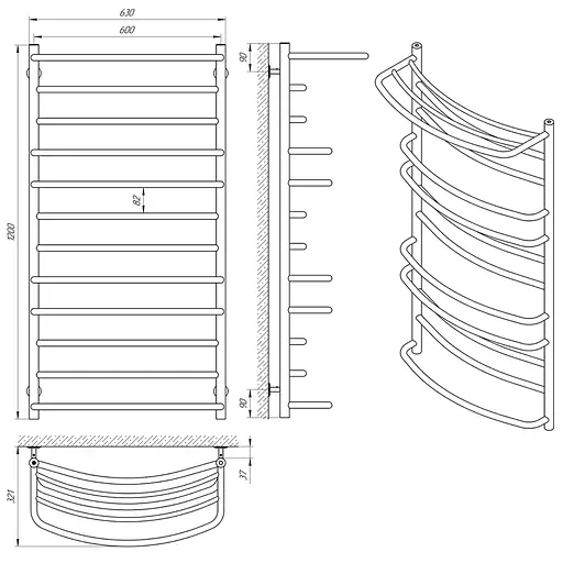 Водяна рушникосушка Laris Євромікс П12 600x1200 з полицею 71207698, Хром - фото 4