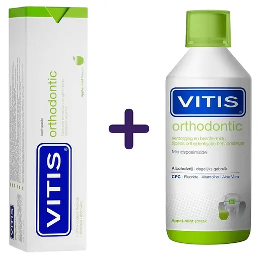 Набір: зубна паста Vitis Orthodontic 100 мл  + ополіскувач для ротової порожнини Vitis Orthodontic 500 мл  