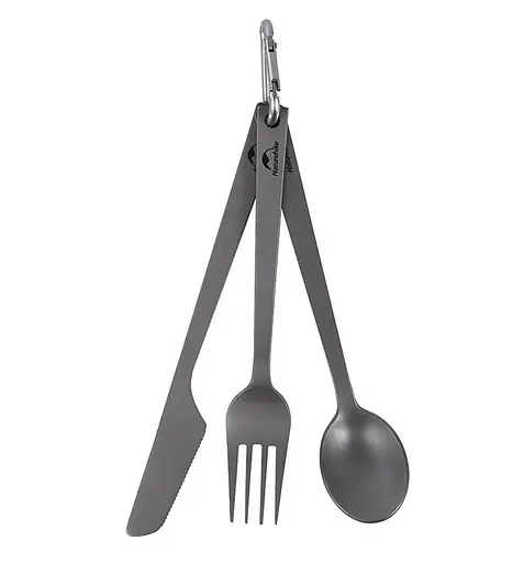 Набір туристичних столових приладів (ложка, вилка, ніж) Naturehike NH19T011-D з титану з мішечком (Сірий)
