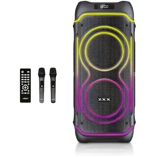 Портативна колонка ZXX-5515 з 2 мікрофонами та пультом Акустична система 80Вт 2x8" RGB підсвічування Чорний - фото 1