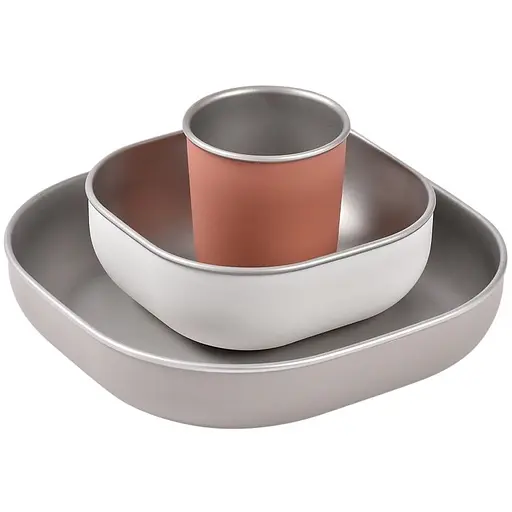 Набір дитячого посуду Beaba тарілка, миска, стакан металеві 4+ теракотовий (913584)