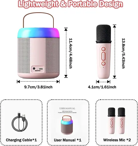 QKTYB караоке-машина для дітей, міні-караоке Bluetooth для дорослих, портативна колонка для караоке-машини з 2 бездротовими - фото 5
