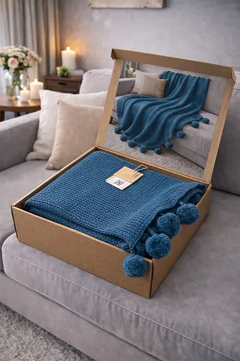 Плед вязаный двуспальный 200х220 см синий TC303376191 - фото 2