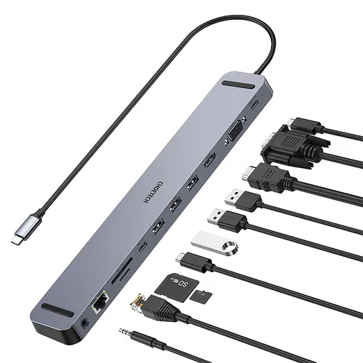USB-C хаб 11-в-1 Choetech M20 HDMI 4K/30Hz, VGA, 3 USB-A 3.0, USB-C 3.0, RJ45, USB-C PD, SD-card, TF-card, 3.5mm audio (43-00154) - фото 3