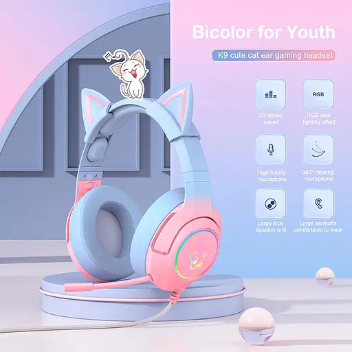 Дротова ігрова гарнітура Onikuma Gaming CAT Gradient with RGB K9, USB, 3.5mm, 2.2m, pink&blue - фото 6