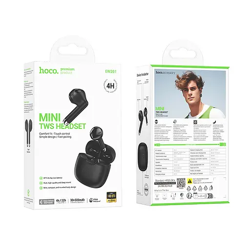 Бездротові навушники Hoco EW201 Graceful true wireless BT headset, BT5.4, 30mAh, 320mAh, 4h, black - фото 3