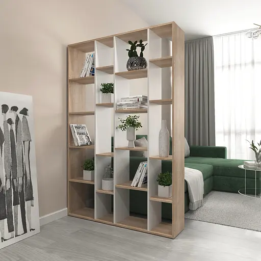 Книжкова полиця стелаж Vays D-2 Дуб Сонома-Білий з 20 комірками етажерка з ЛДСП для дому іграшок і декору 117x30x178 см