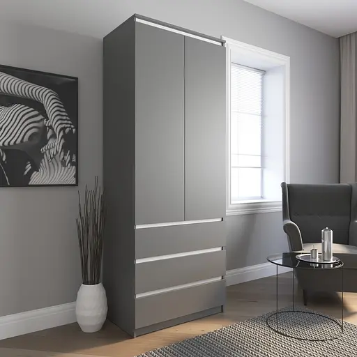 Шафа для одягу Vays R-9 Антрацит-Білі планки, 3 шухляди, штанга, без ручок, ЛДСП, 80×50×211 см – для спальні, вітальні, передпокою