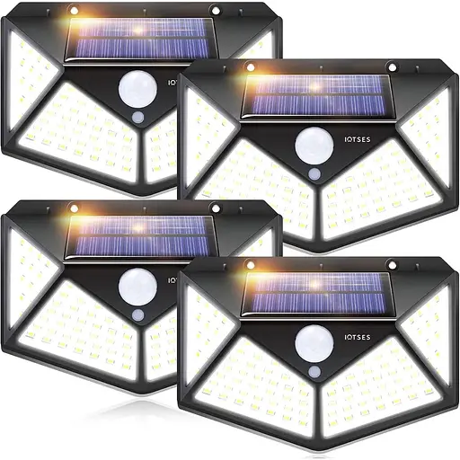 IOTSES 【4 шт.】 Сонячні охоронні світильники на відкритому повітрі, модернізовані 100 світлодіодів 270° ширококутні 3 режими