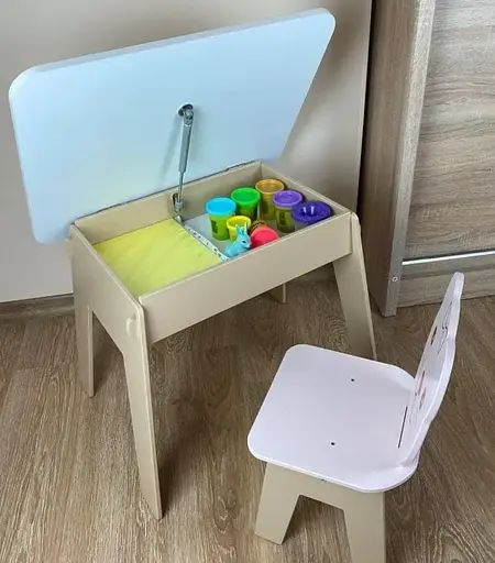 Дитячий стіл з ящиком + стільчик для навчання та гри (Білий з ведмедиком) - фото 3