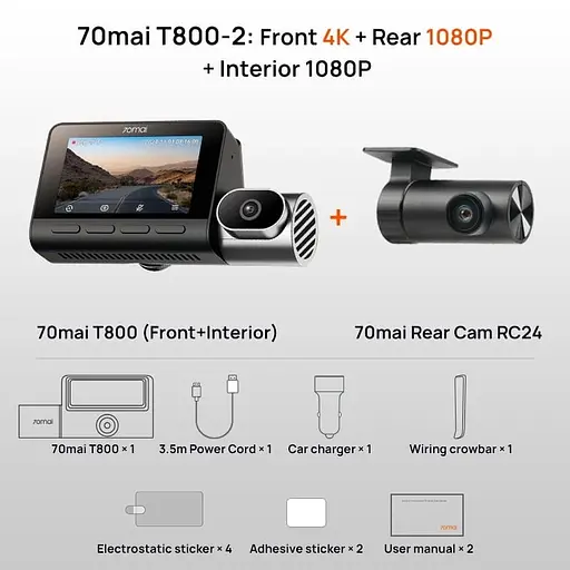 Видеорегистратор 3 камеры 70mai Dash Cam T800-24 комплект + Rear Cam RC41 4K - фото 8