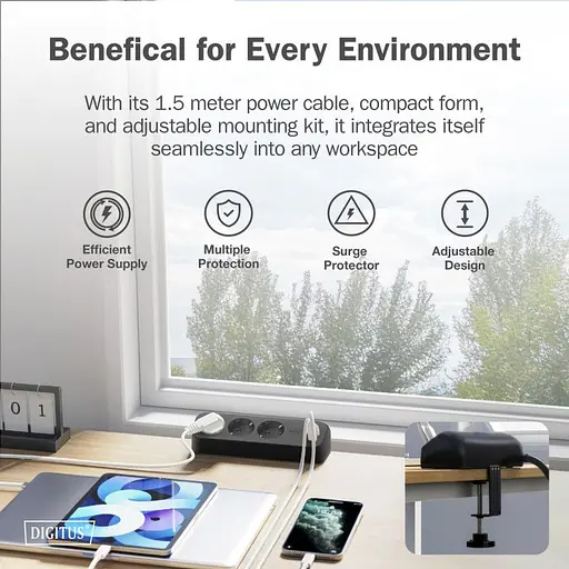 Блок розеток Digitus Office, 3xSchuko, 2xUSB-A, 1xUSB-C, 16A, 1.5 м, вилка Schuko, чорний - фото 7