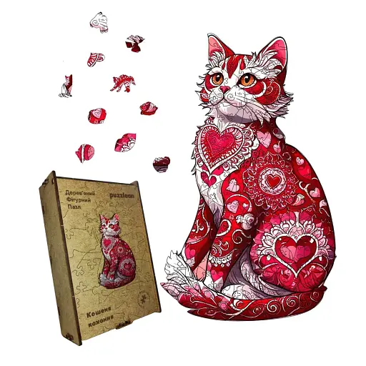 Деревяний фігурний пазл Кошеня Любові, А4, Картонна коробка 100 елементів