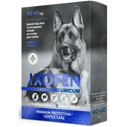 Краплі проти іксодових кліщів, бліх та комарів Unicum Ixofen для собак 40-60 кг 2 піп. x 6 мл - фото 1