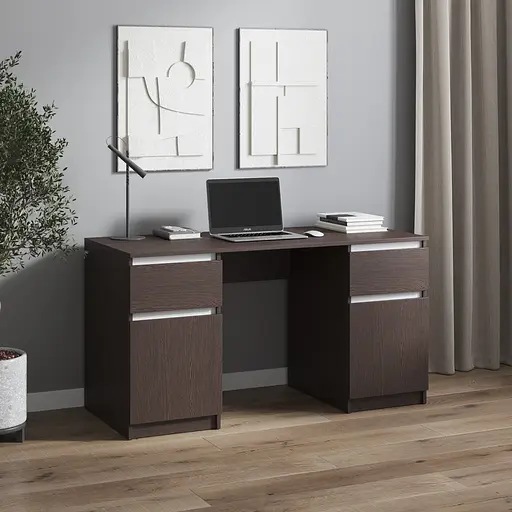 Компьютерный стол Vays, письменный стол с двумя тумбами, c ящиками без ручек R-34 Венге Темный-Белые планки